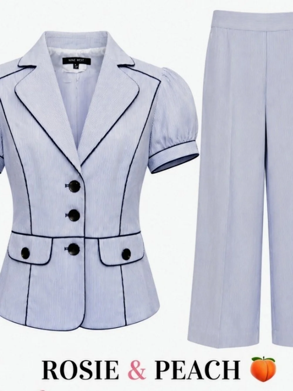 Nine West Light Blue Pinstripe Short-Sleeve Blazer & Wide-Leg Pants
